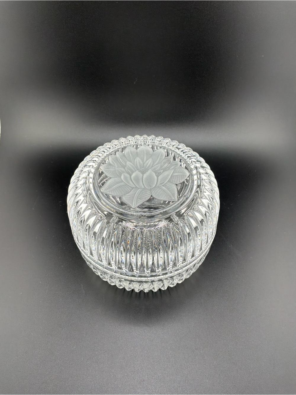 Clear cut crystal trinket dish with lotus engraving